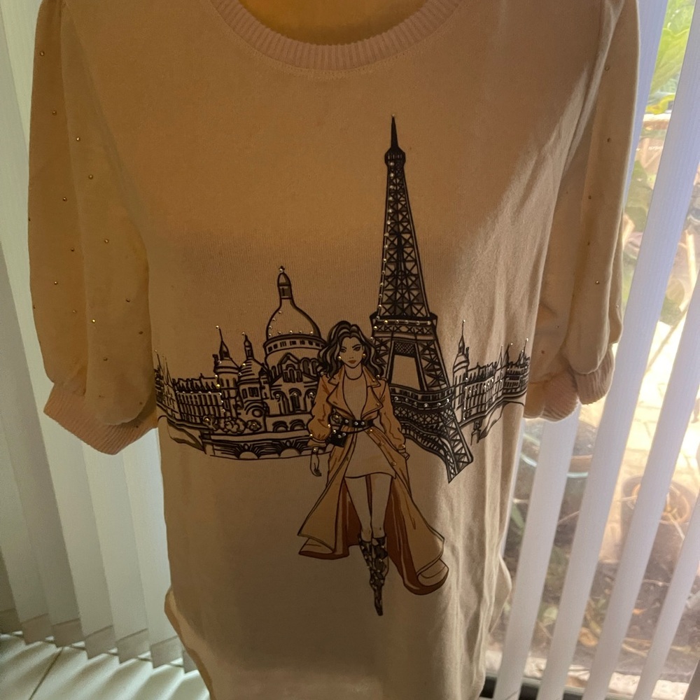 Women's Cream Paris Graphic Short Sleeve Tee with Rhinestone Accents